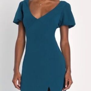 Lulus Elegantly Sleek Dark Teal Puff Sleeve Bodycon Midi Dress Blue - Size L